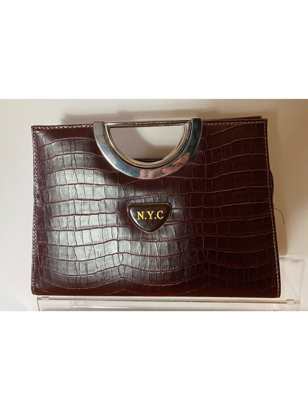 Vintage N.Y.C Faux Crocodile Brown Handbag With Metal Handle